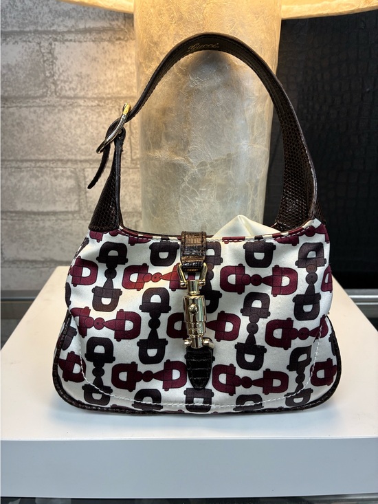 Gucci Handbags - Gucci White Canvas Shoulder Bag with Brown & Burgundy Horsebit Motif